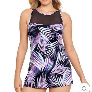 Swim Solutions Sprinkle Leaf Tummy-Control Mesh One Piece Swimdress Swimsuit